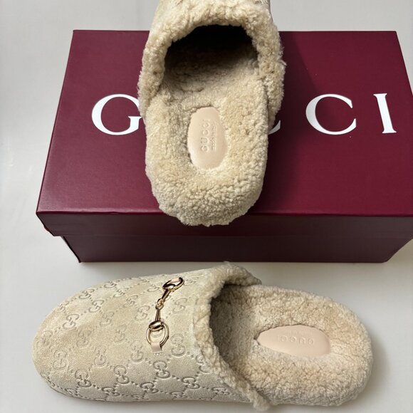 Horsebit Gucci GG Suede Shearling Mules - Picture 3 of 6